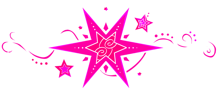A large, vibrant pink star graphic surrounded by smaller stars and swirling decorative lines, reminiscent of the designs from a tattoo studio in North Wales.